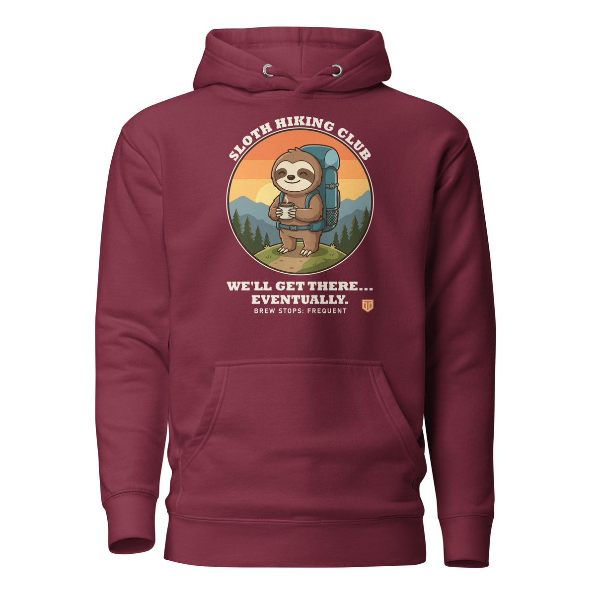 Sloth Hiking Club: Hilltop Hoodie in Maroon, full front view
