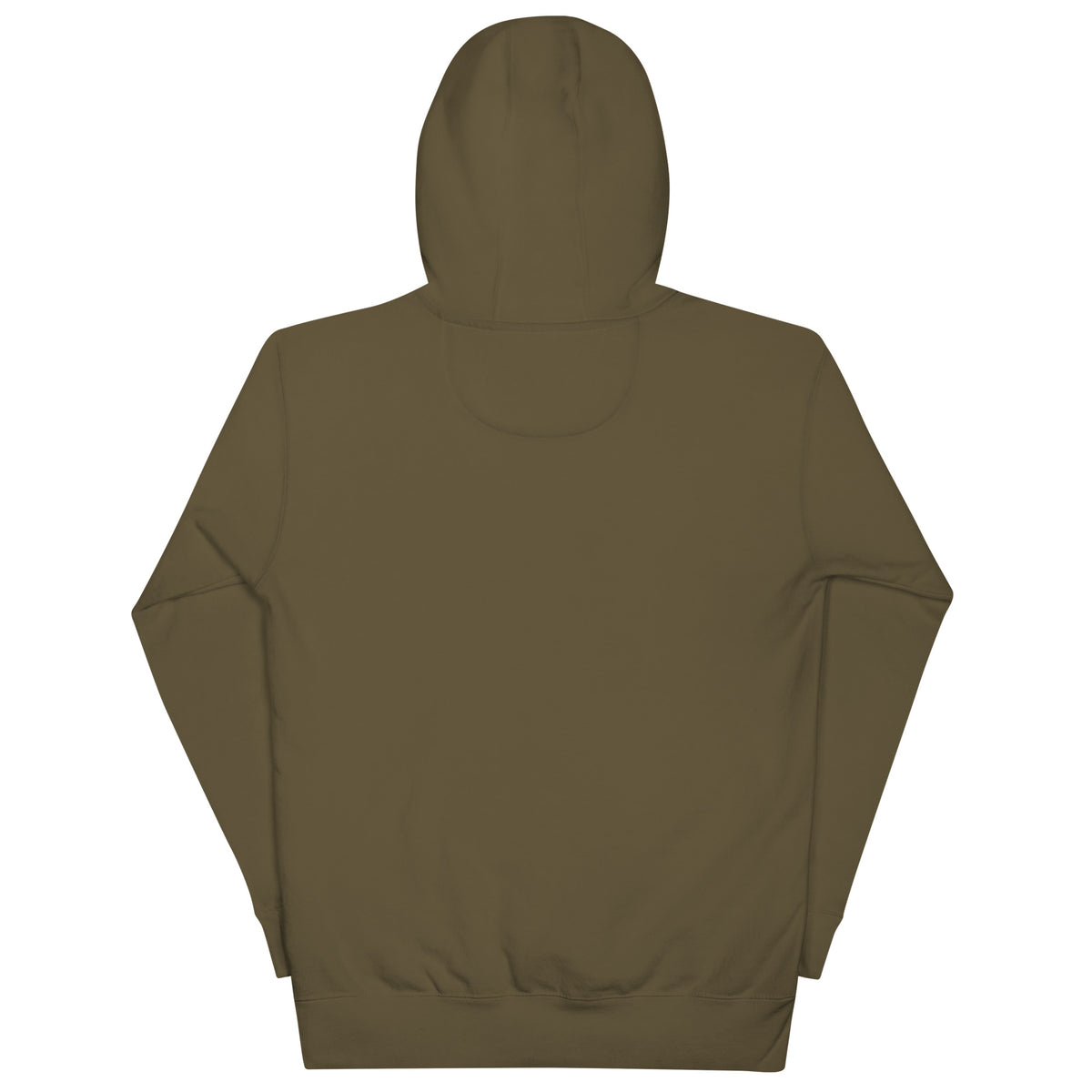 Adventure Before Dementia Camping Hoodie in Military Green, plain back view with the self-fabric patch below the hood
