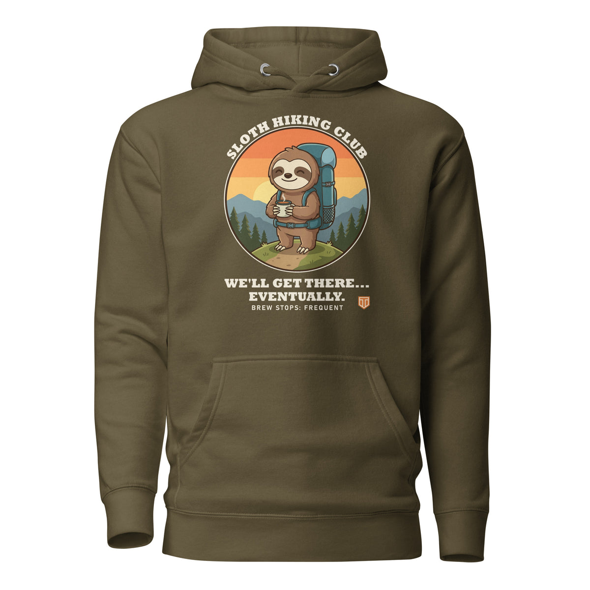 Sloth Hiking Club: Hilltop Hoodie in Military Green, full front view