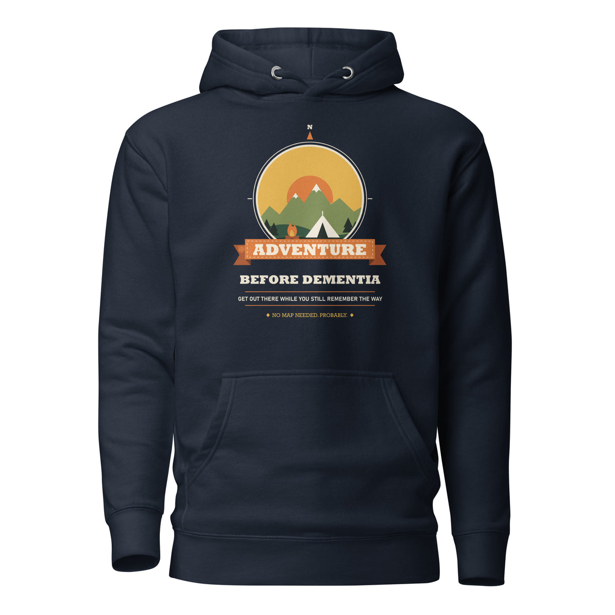 Adventure Before Dementia Camping Hoodie in Navy Blazer, flat front view with drawstrings and pouch pocket