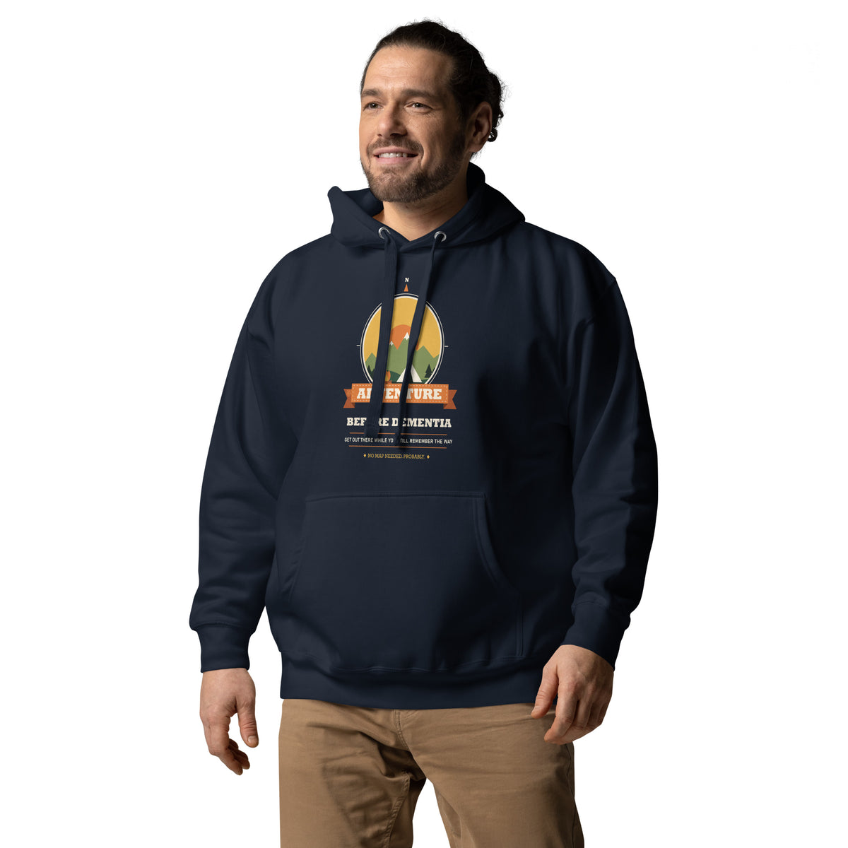 Adventure Before Dementia Camping Hoodie in Navy Blazer, worn by a model, angled front view