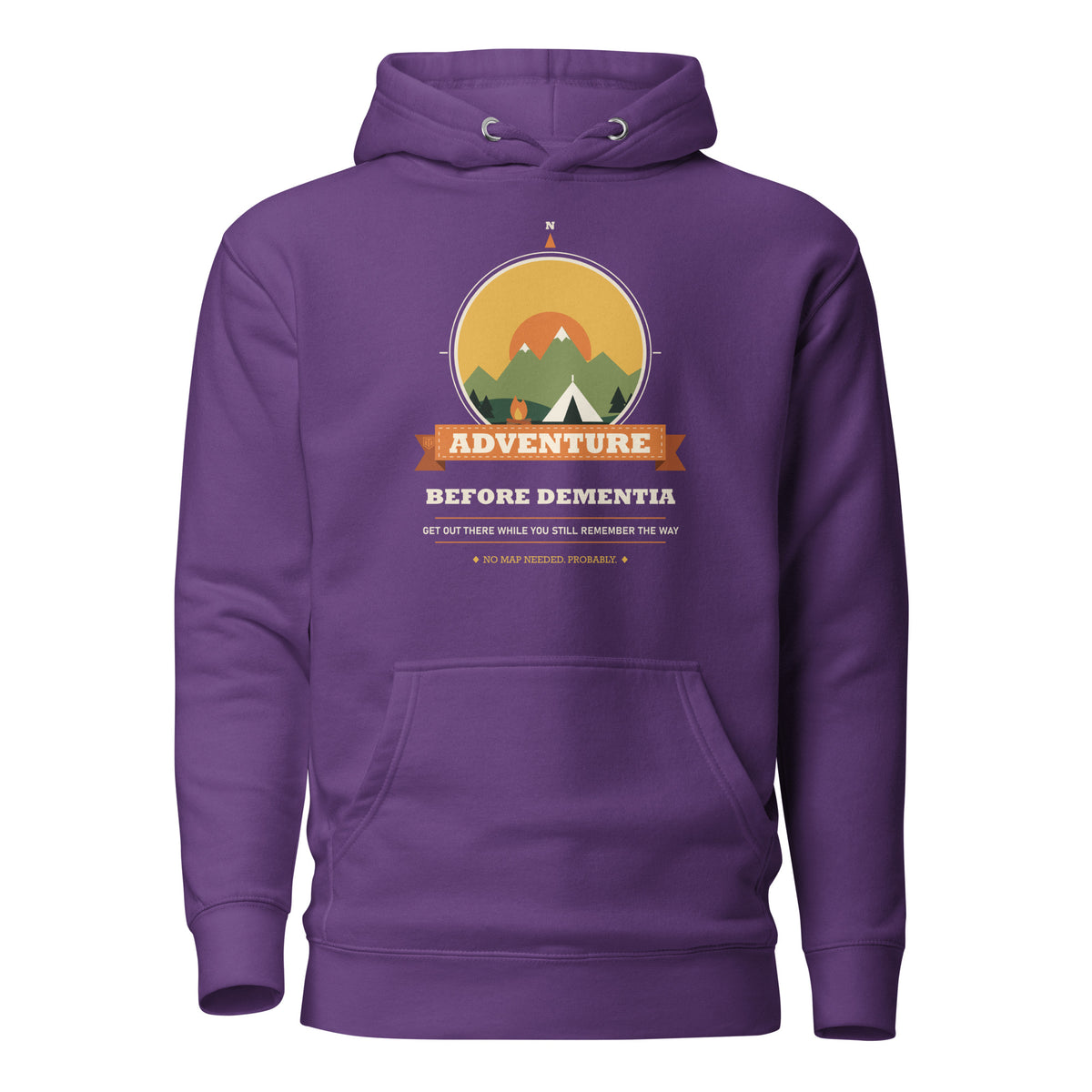 Adventure Before Dementia Camping Hoodie in Purple, flat front view with drawstrings and pouch pocket