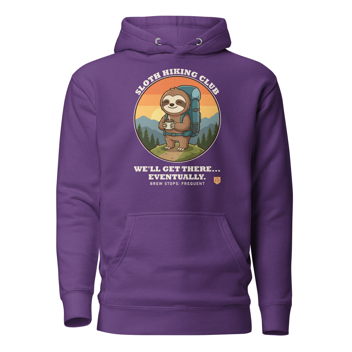 Sloth Hiking Club: Hilltop Hoodie in Purple, full front view