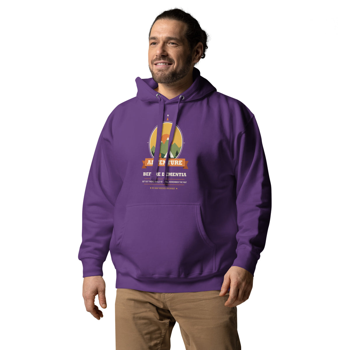 Adventure Before Dementia Camping Hoodie in Purple, worn by a model, angled front view
