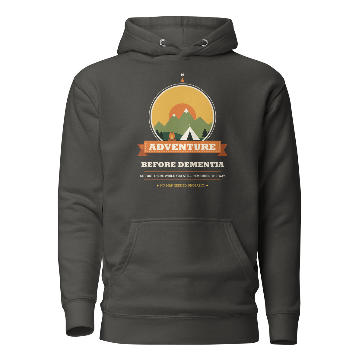 Adventure Before Dementia Camping Hoodie in Vintage Black, flat front view with drawstrings and pouch pocket