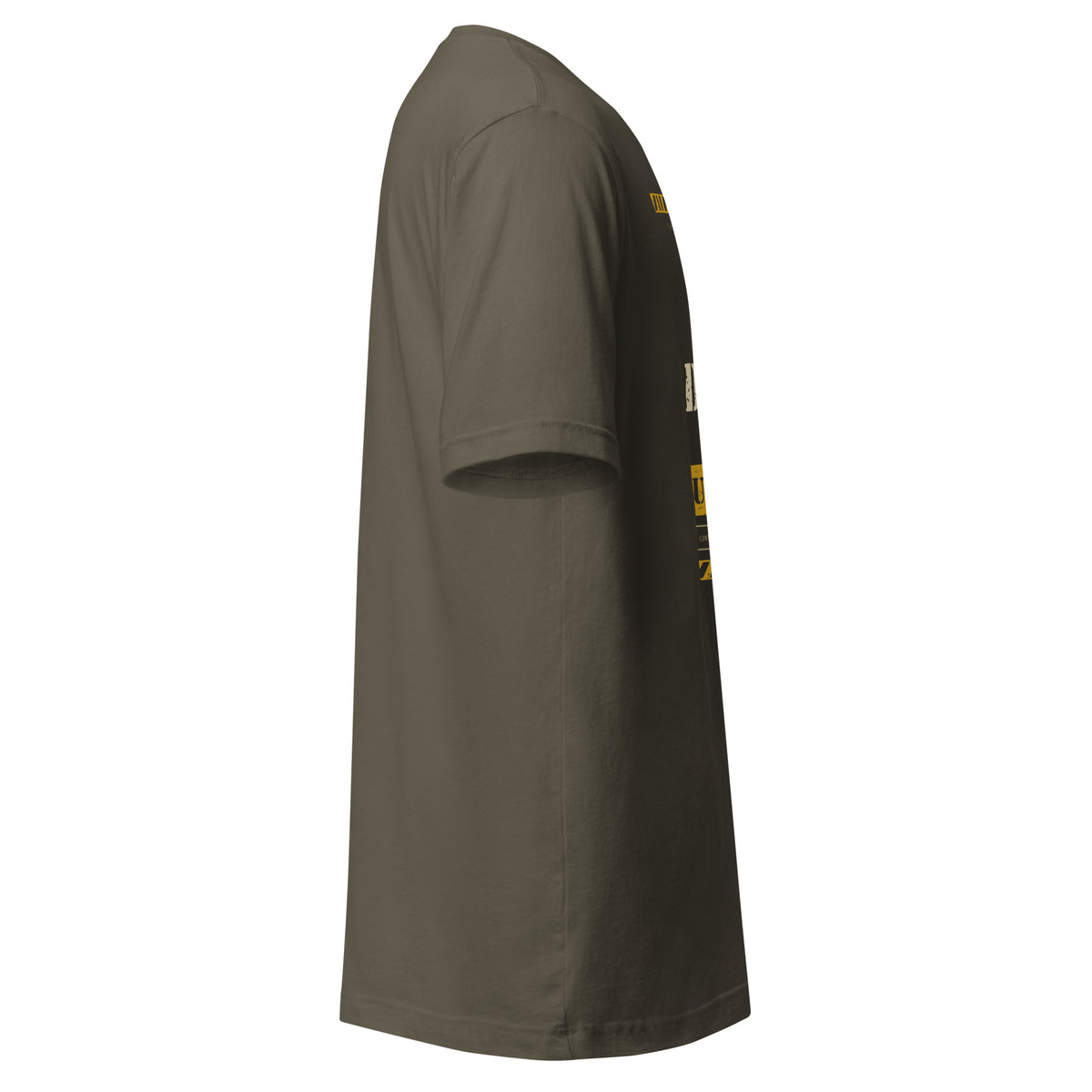 Task "In My Defence, I Was Left Unsupervised" T-shirt in Army, opposite side view showing sleeve and side seam