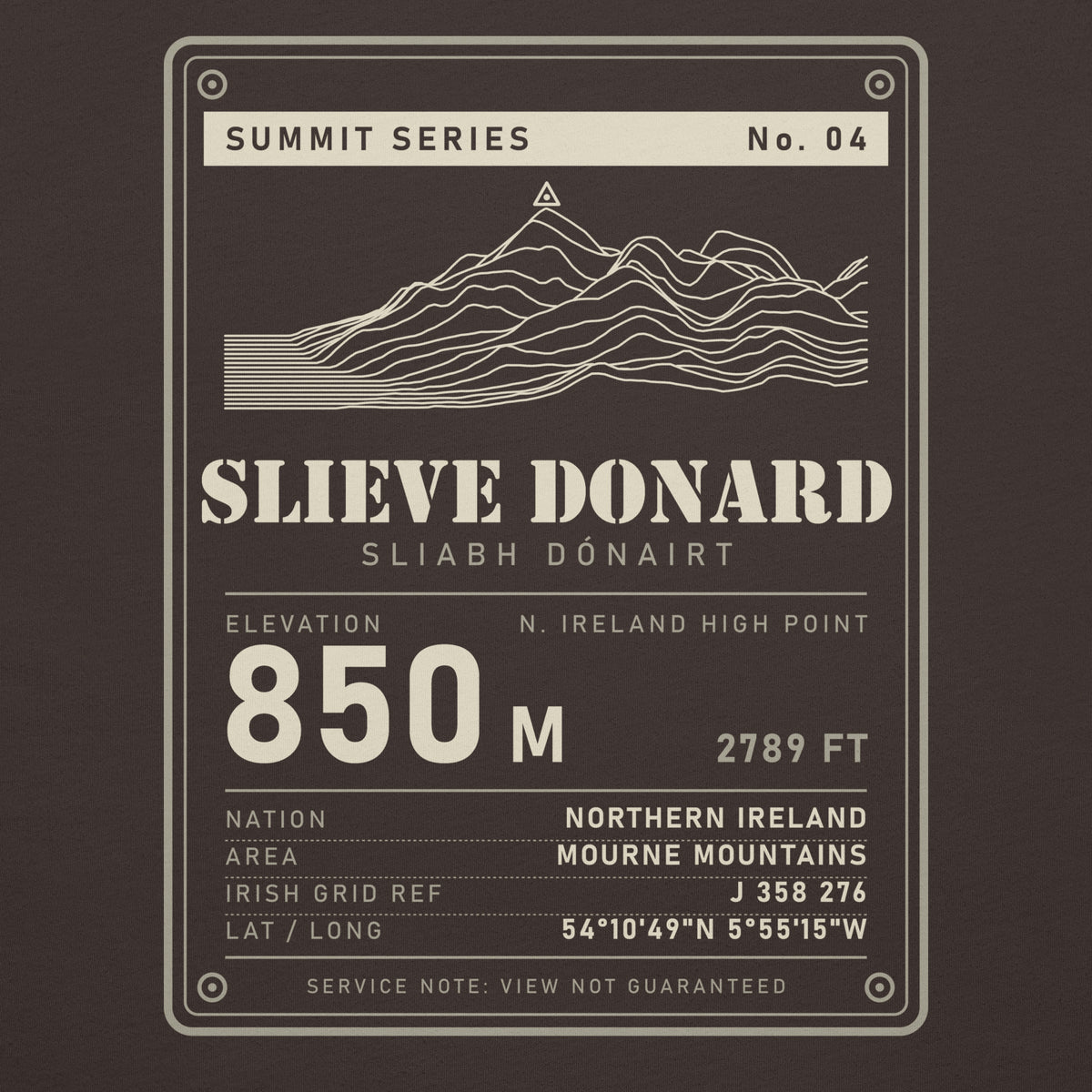 Close-up of the Slieve Donard back print: terrain drawing with trig point, 850 m, Sliabh Dónairt, Irish grid ref J 358 276 and coordinates