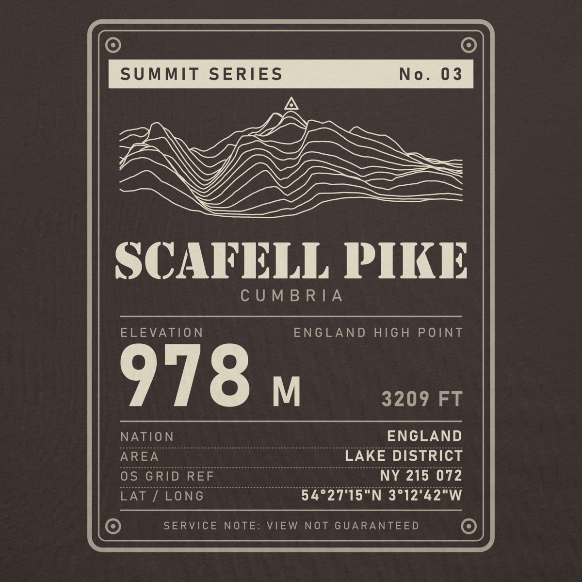 Close-up of the Scafell Pike back print: terrain drawing with trig point, 978 m, OS grid ref NY 215 072 and coordinates