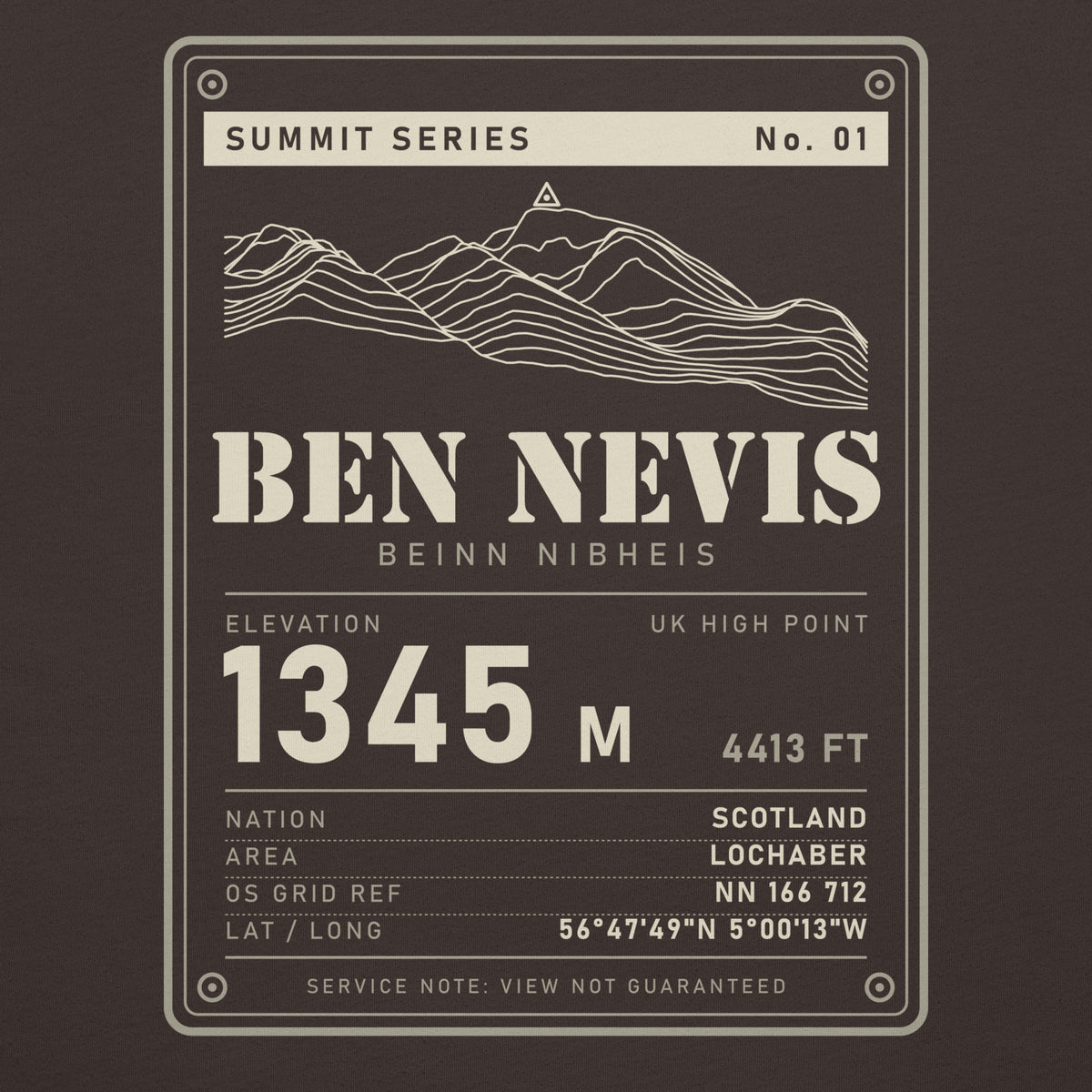 Close-up of the Ben Nevis back print: terrain drawing with trig point, 1345 m, Beinn Nibheis, OS grid ref NN 166 712 and coordinates