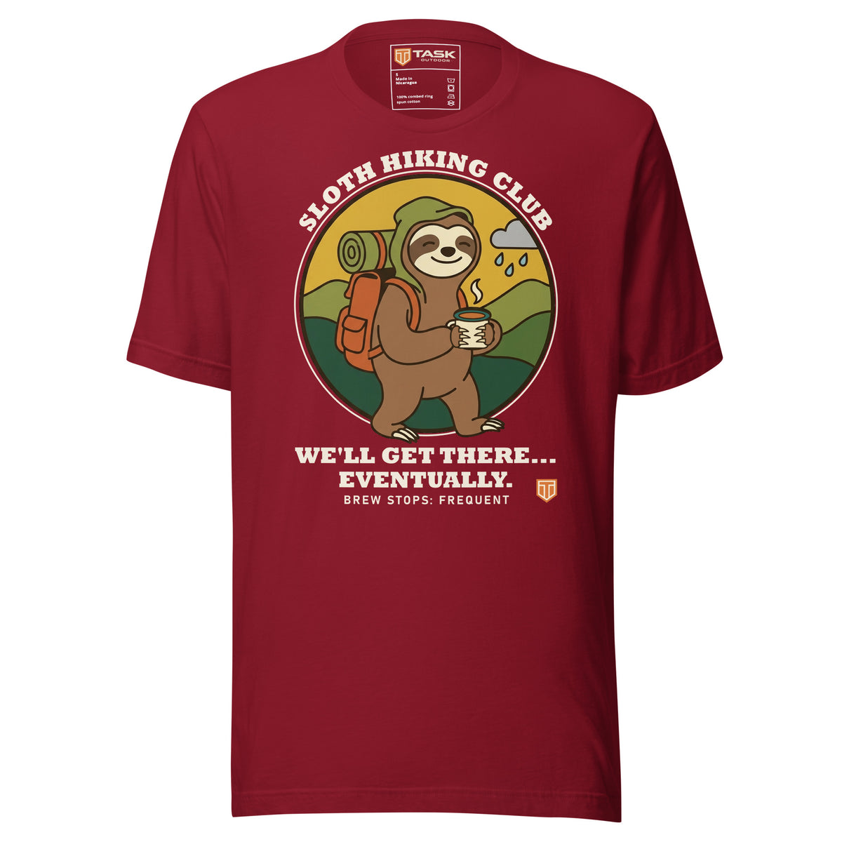 Sloth Hiking Club: Walking T-Shirt in Cardinal, full front view with the printed neck label