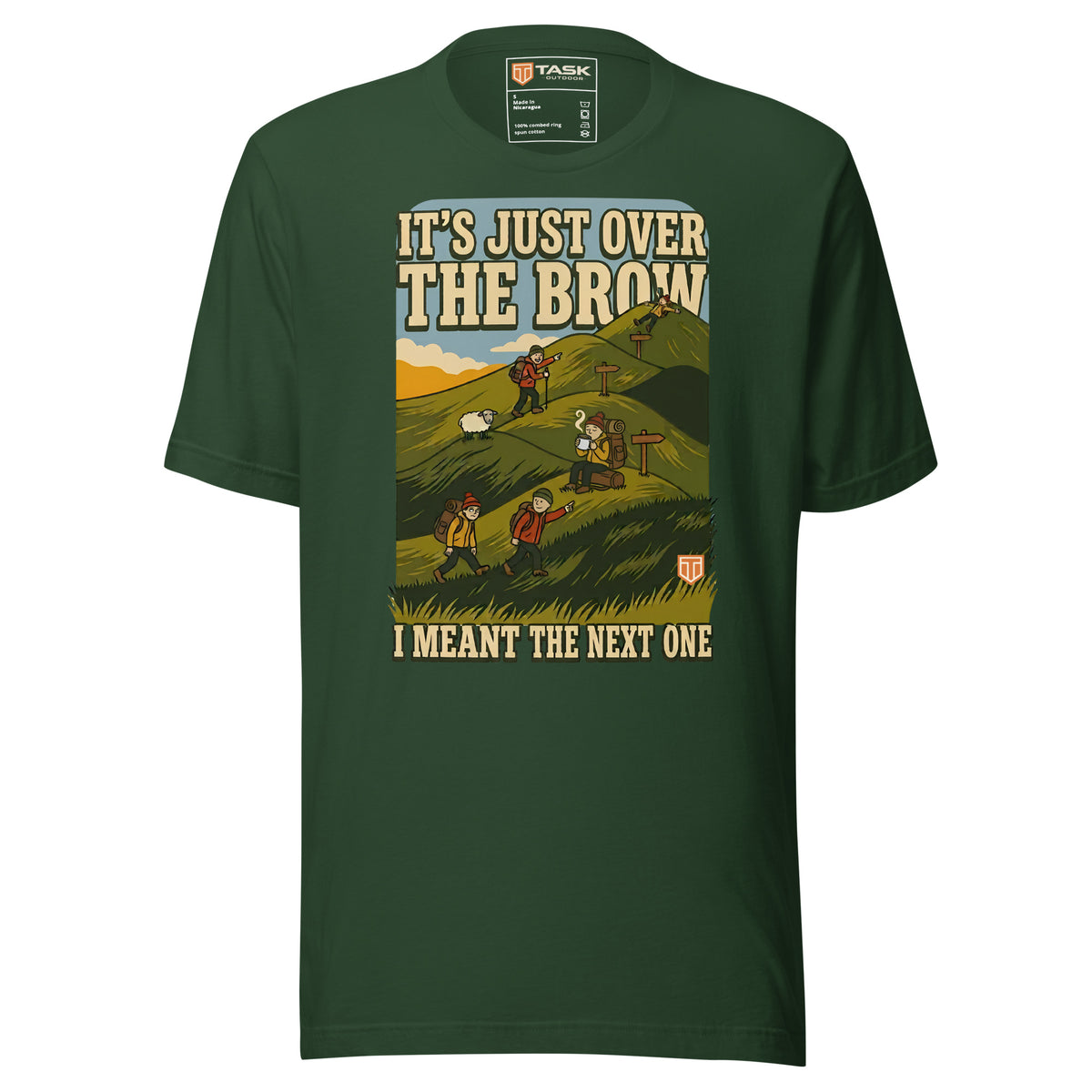 It's Just Over the Brow T-Shirt in Forest, full front view with the printed neck label