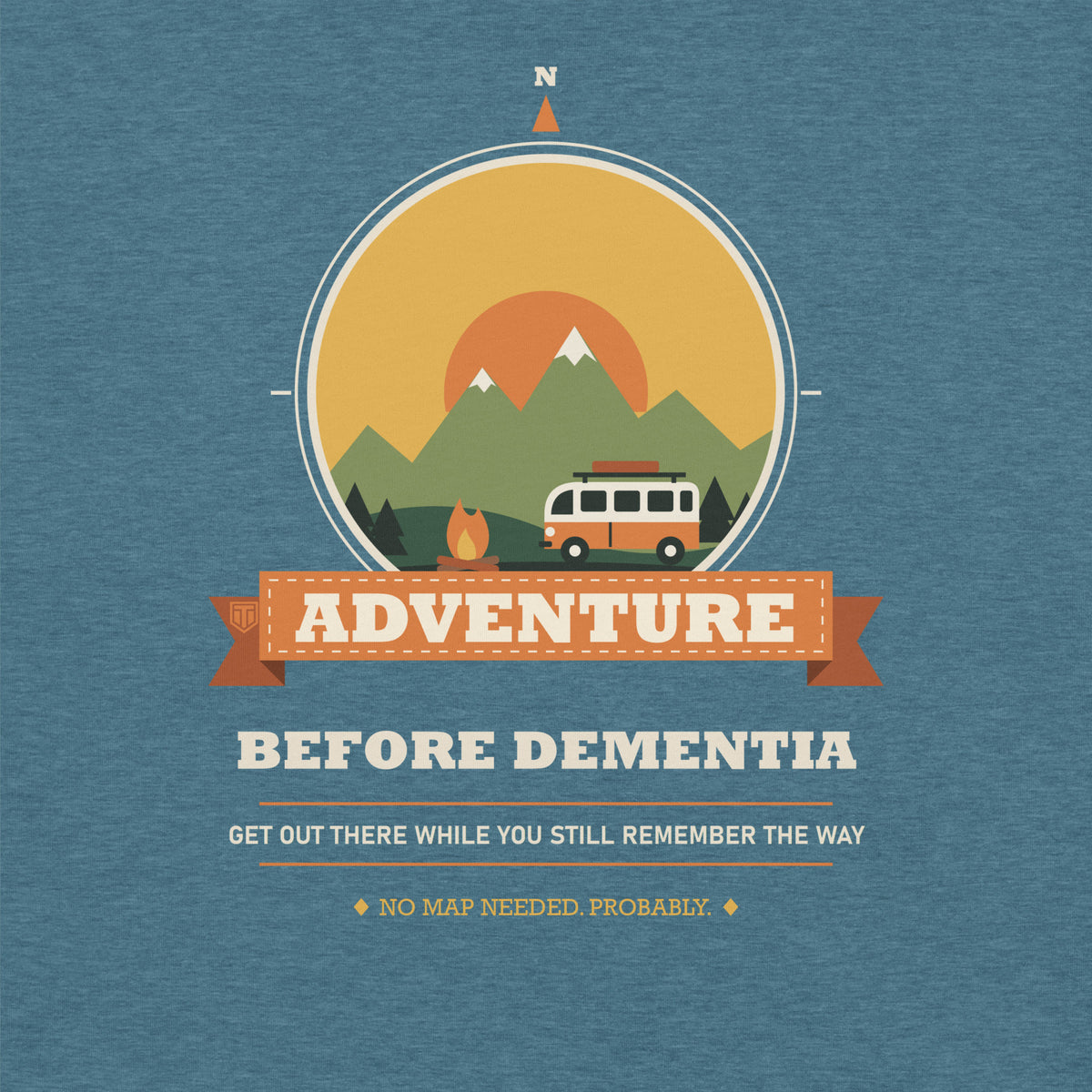 Adventure Before Dementia Campervan T-Shirt in Heather Deep Teal, close-up of the front print on the marled fabric