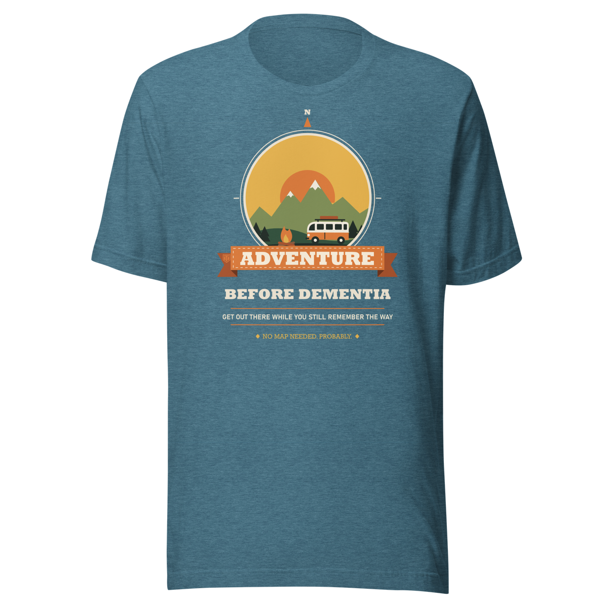 Adventure Before Dementia Campervan T-Shirt in Heather Deep Teal, full front view of the shirt