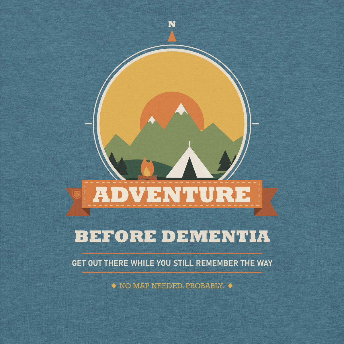 Adventure Before Dementia Camping T-Shirt in Heather Deep Teal, close-up of the front print on the marled fabric