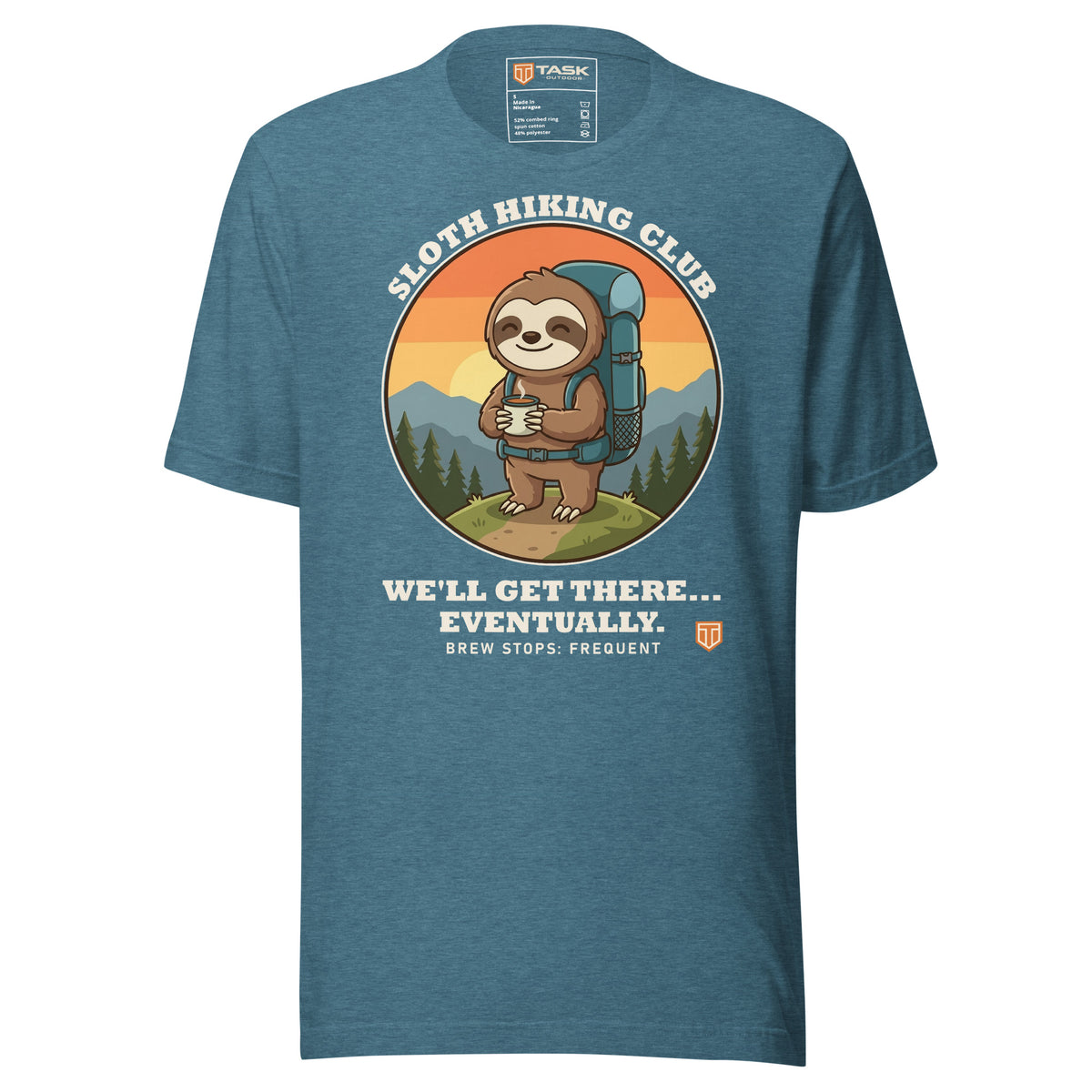 Sloth Hiking Club: Hilltop T-Shirt in Heather Deep Teal, full front view with the printed neck label