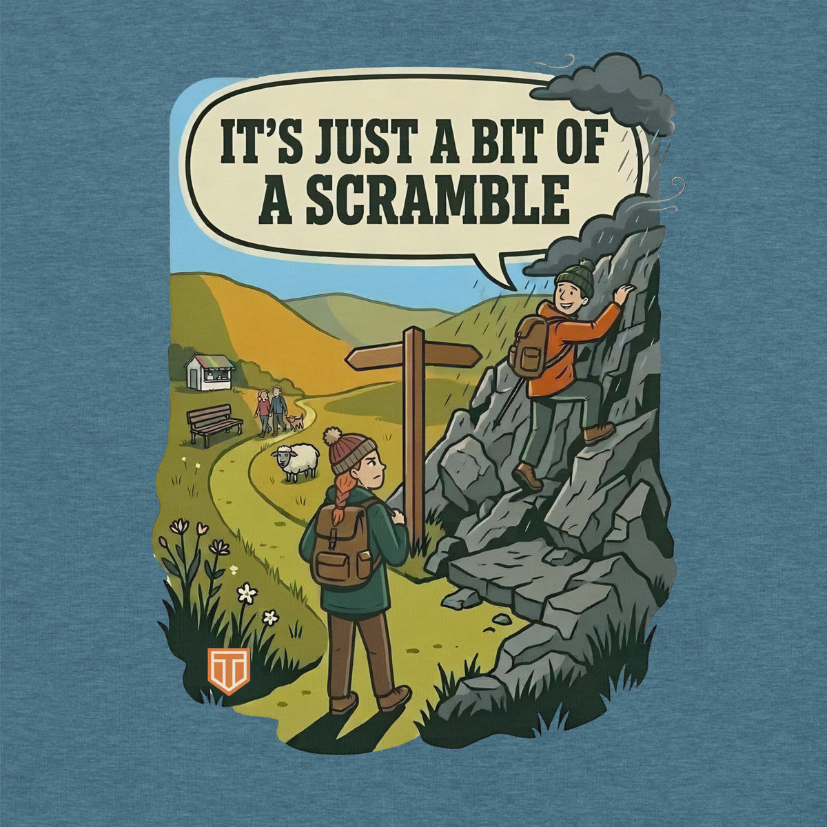 Close-up of the It's Just a Bit of a Scramble T-Shirt print: a walker climbs a rocky scramble into the rain while her doubtful friend stands at the fork by the sunny path