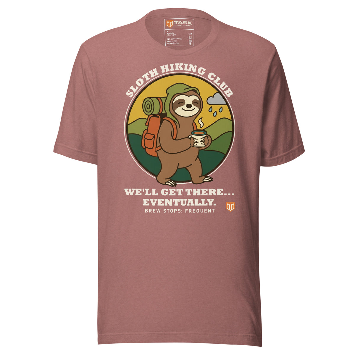 Sloth Hiking Club: Walking T-Shirt in Heather Mauve, full front view with the printed neck label