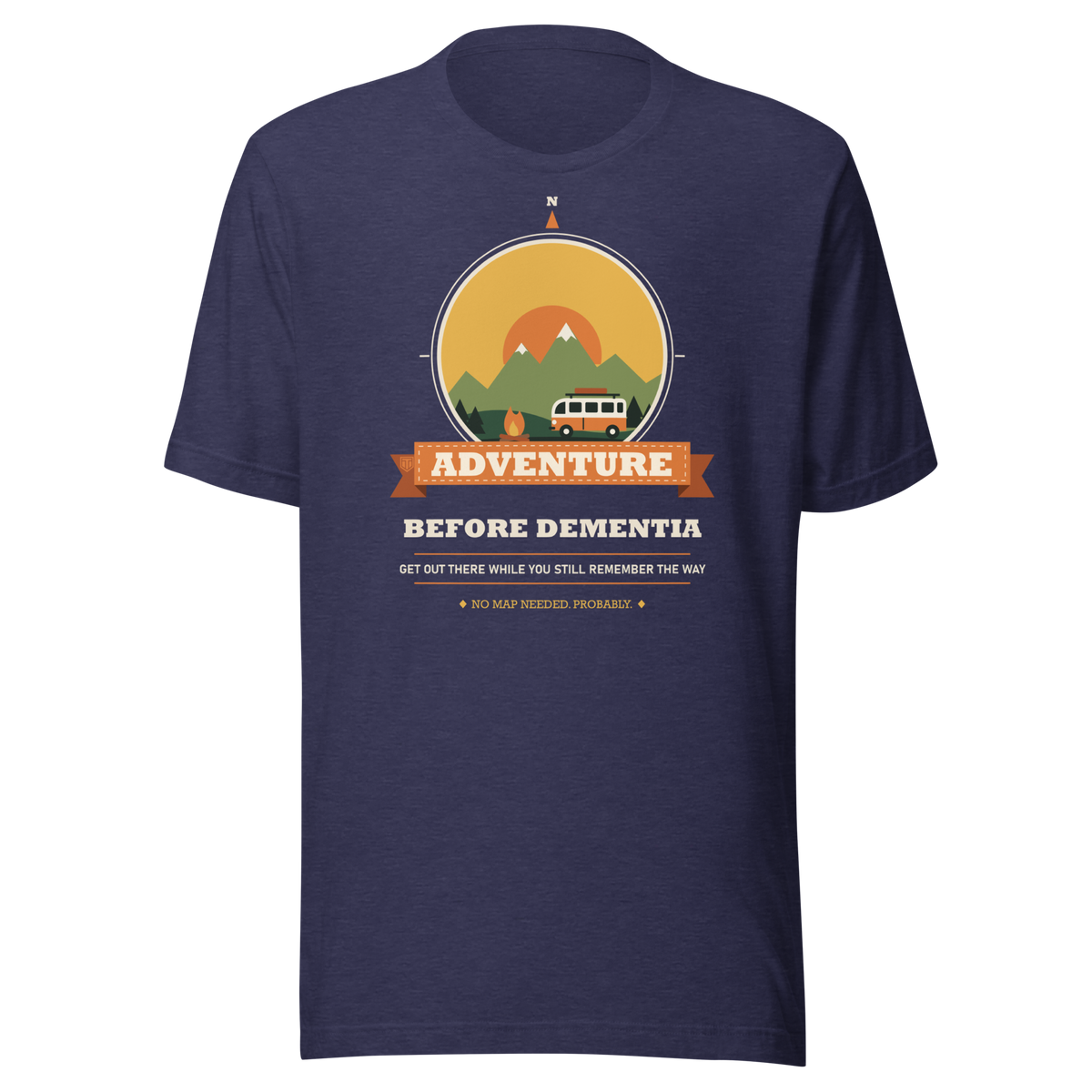 Adventure Before Dementia Campervan T-Shirt in Heather Midnight Navy, full front view of the shirt