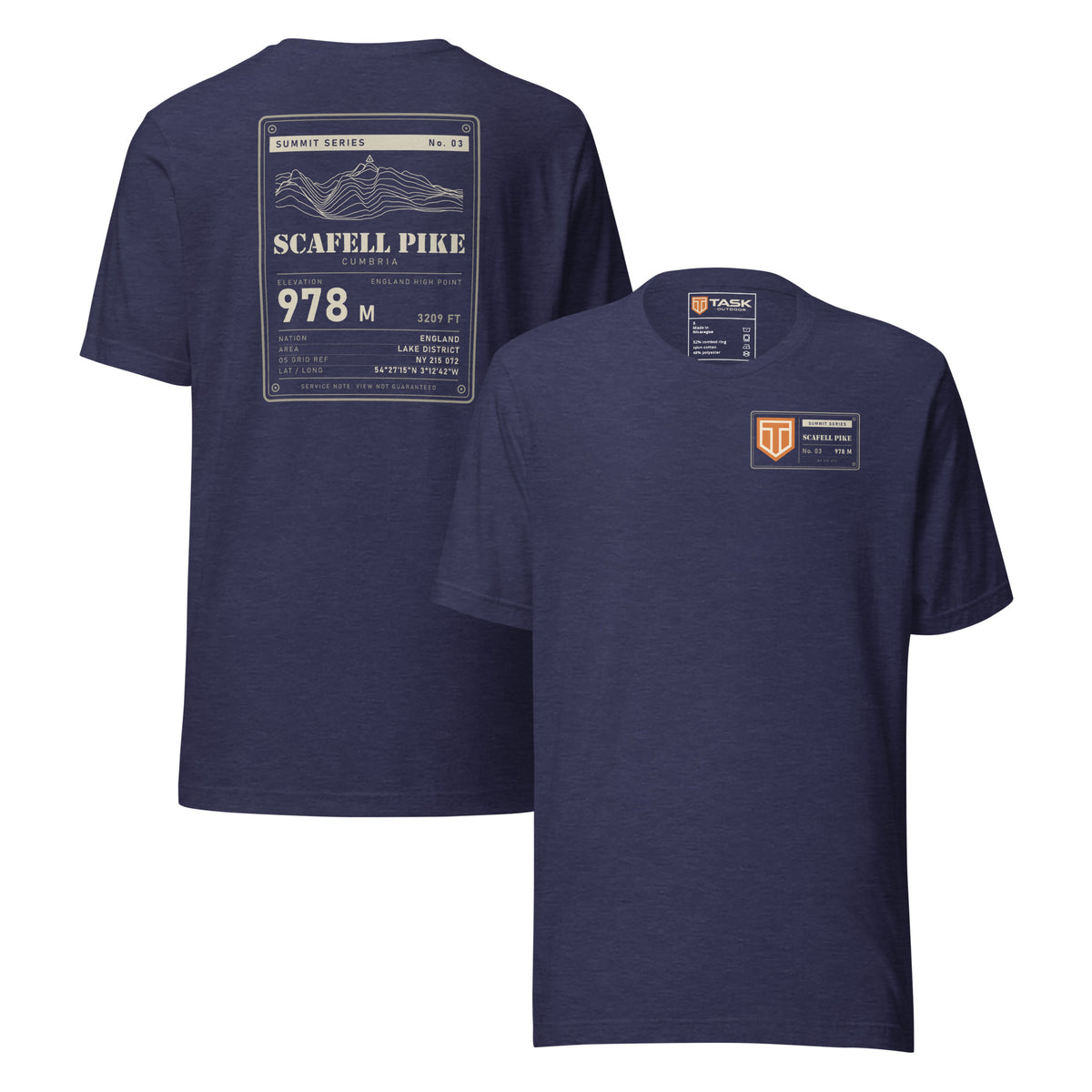 Summit Series Scafell Pike T-Shirt in Heather Midnight Navy, back and front view on the marled fabric