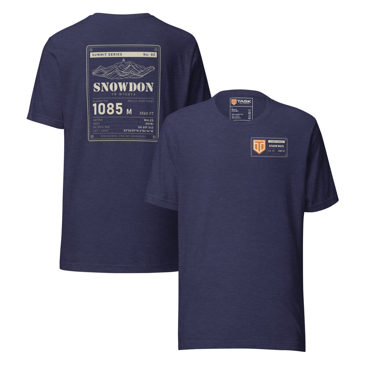 Summit Series Snowdon T-Shirt in Heather Midnight Navy, back and front view on the marled fabric