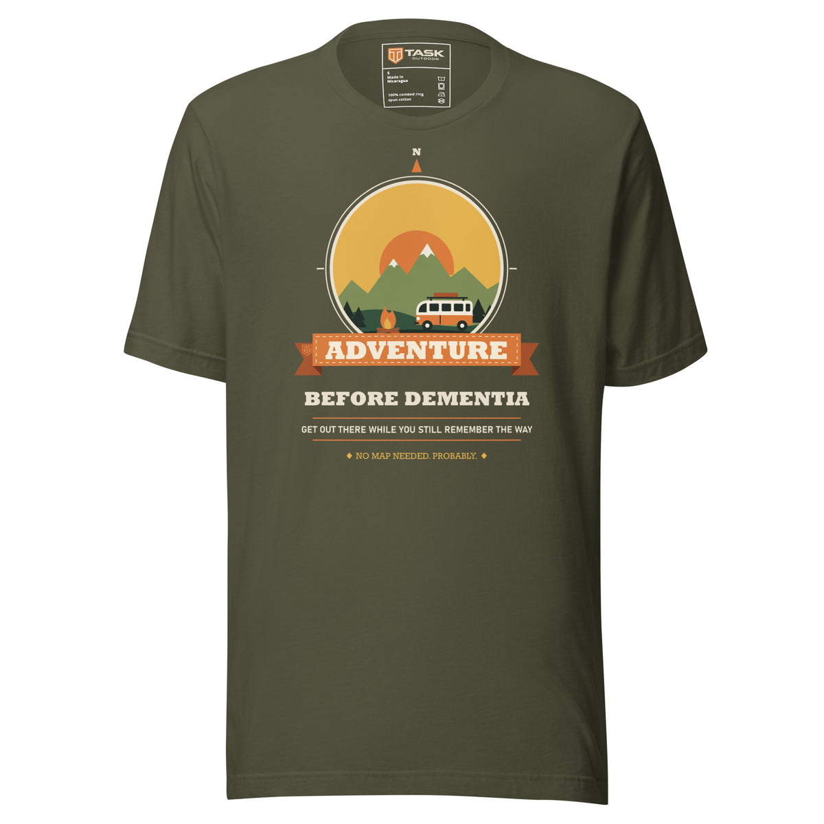 Adventure Before Dementia Campervan T-Shirt in Military Green, full front view of the shirt