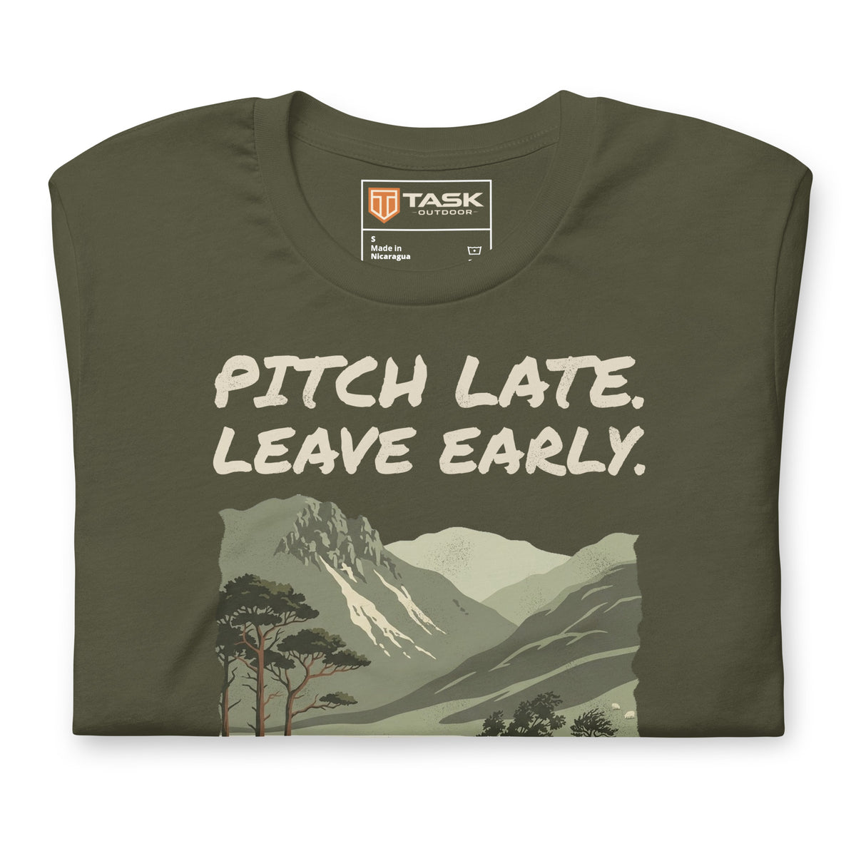 Pitch Late Leave Early T-Shirt in Military Green, folded to show the print and the Task Outdoor neck label