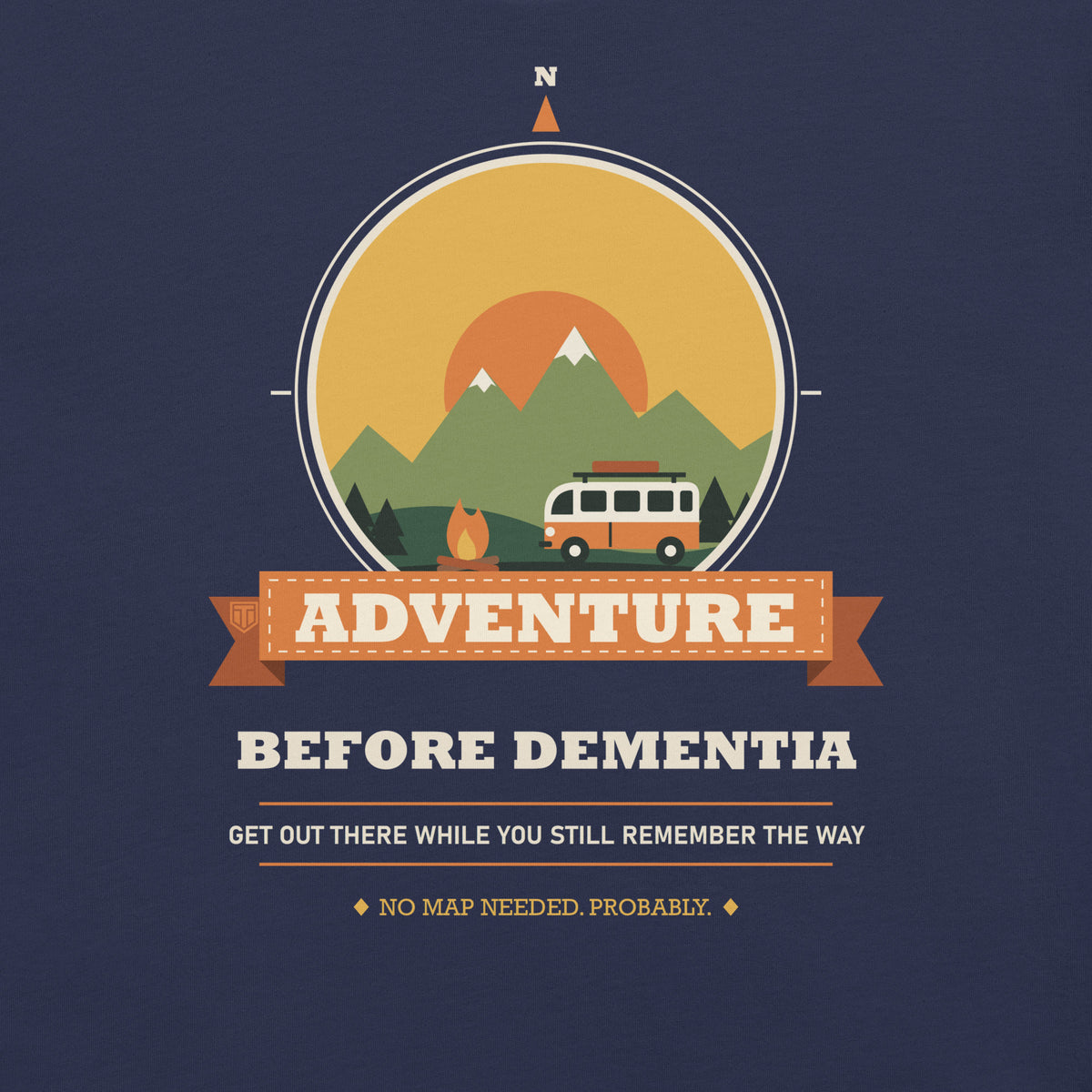 Adventure Before Dementia Campervan T-Shirt in Navy, close-up of the retro compass and campervan print