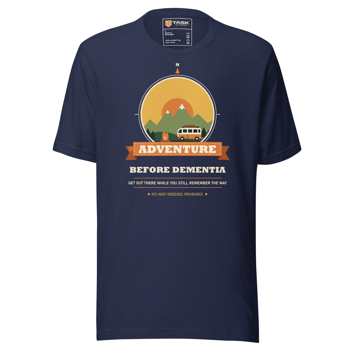 Adventure Before Dementia Campervan T-Shirt in Navy, full front view of the shirt
