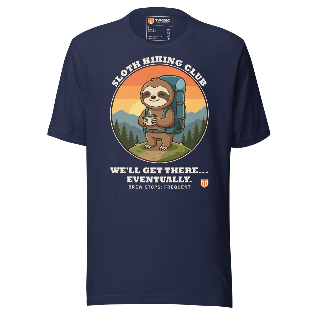 Sloth Hiking Club: Hilltop T-Shirt in Navy, full front view with the printed neck label