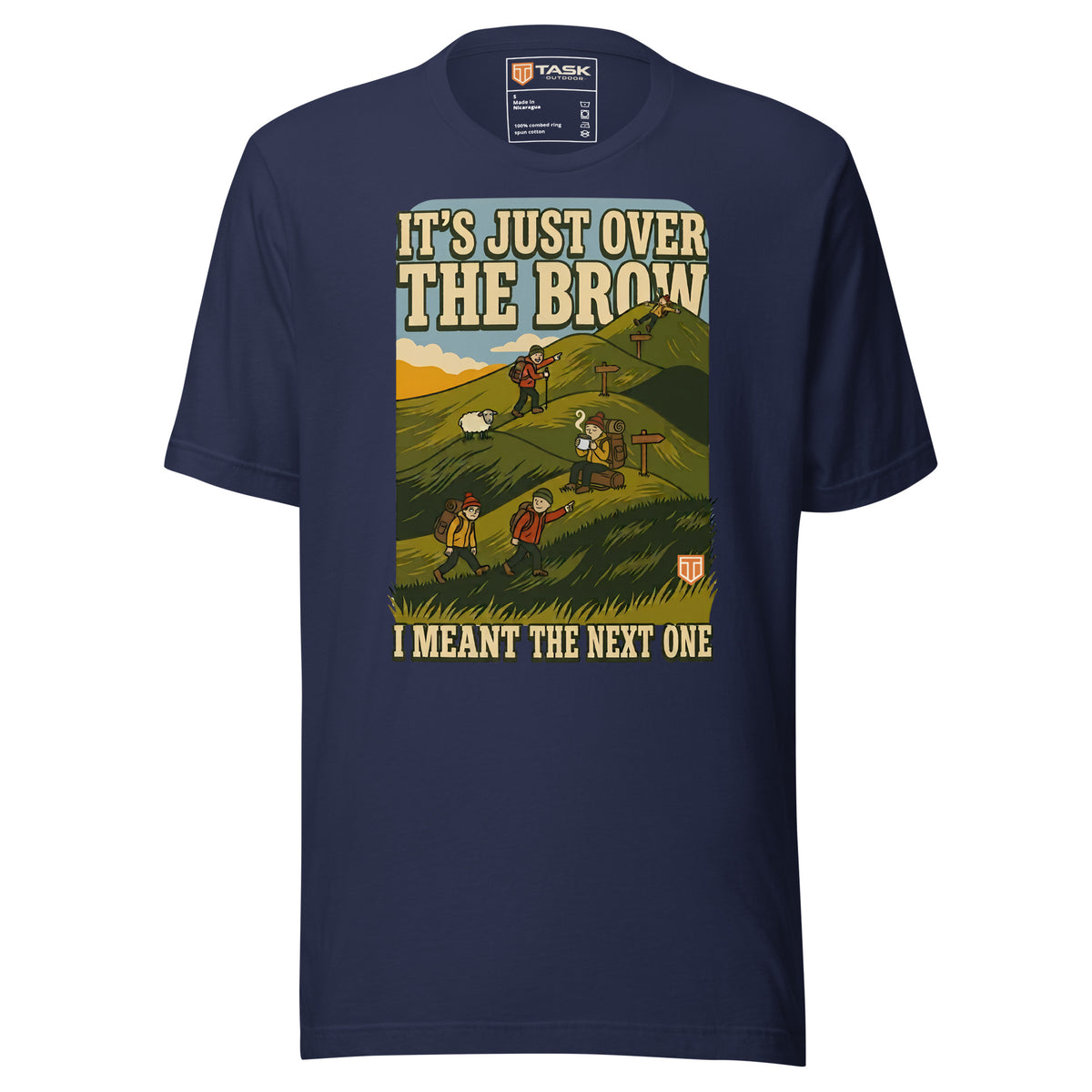 It's Just Over the Brow T-Shirt in Navy, full front view with the printed neck label