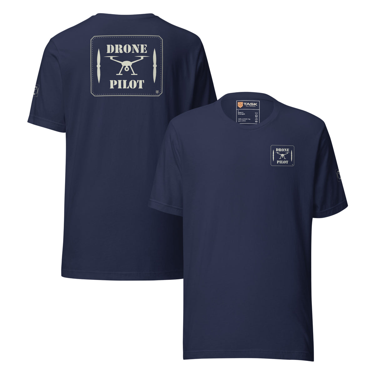 Drone Pilot T-shirt in Navy, back and front, with the off-white stencil patch print on the back and left chest