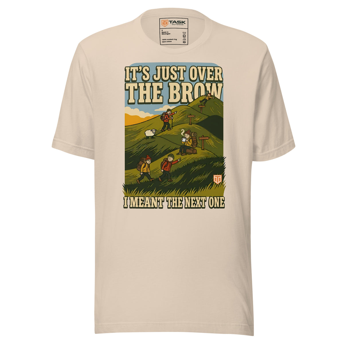 It's Just Over the Brow T-Shirt in Soft Cream, full front view with the printed neck label