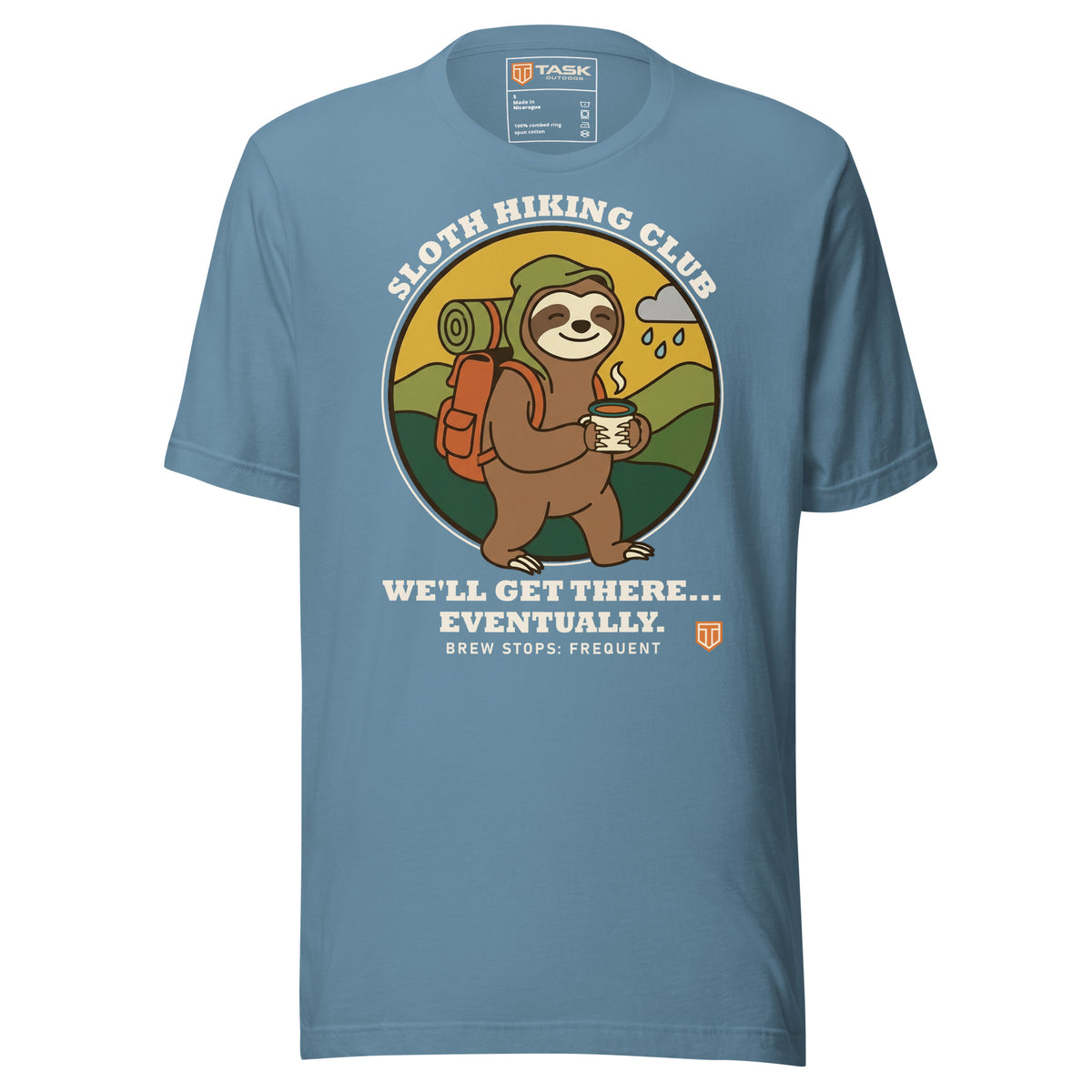 Sloth Hiking Club: Walking T-Shirt in Steel Blue, full front view with the printed neck label