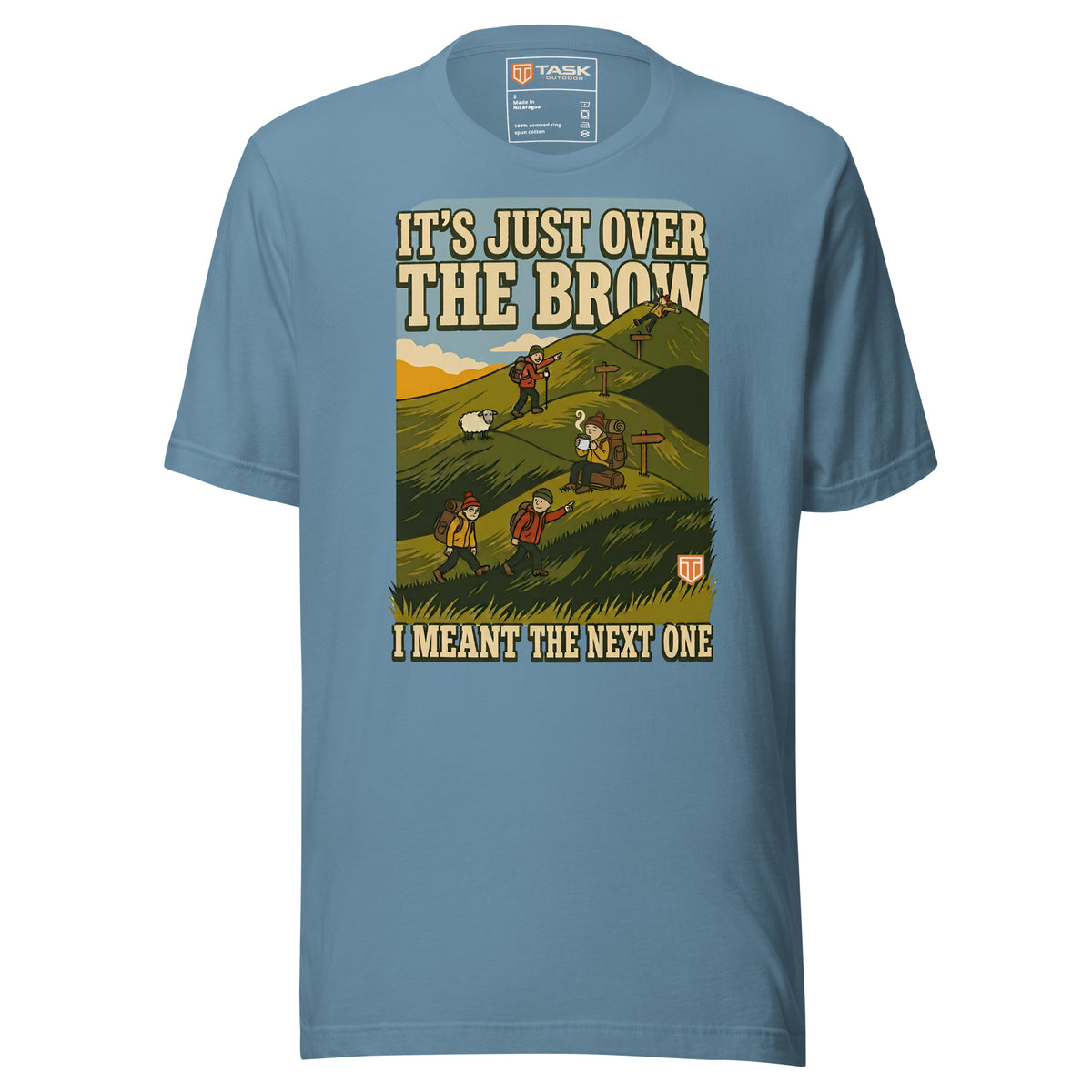 It's Just Over the Brow T-Shirt in Steel Blue, full front view with the printed neck label