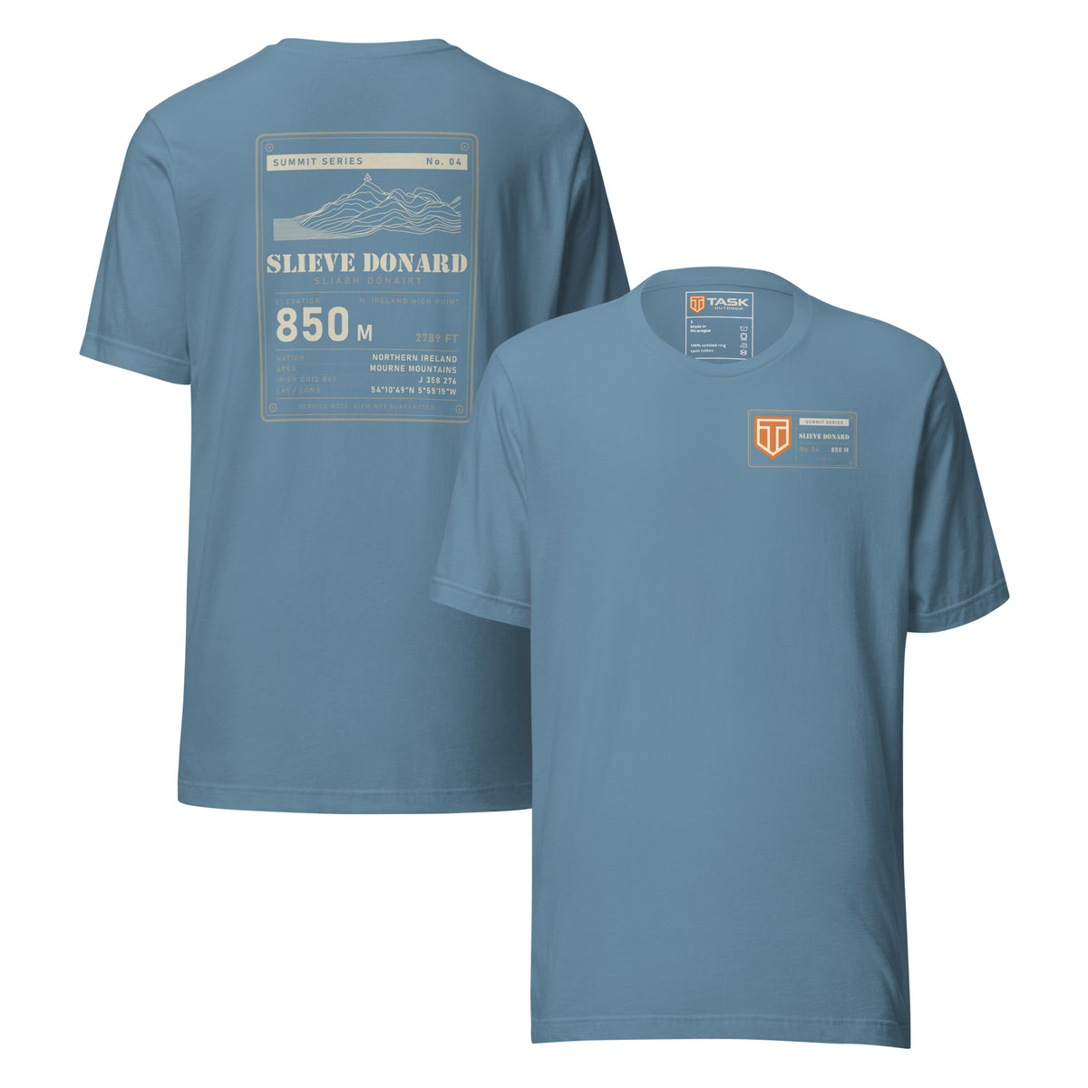 Summit Series Slieve Donard T-Shirt in Steel Blue, back and front view