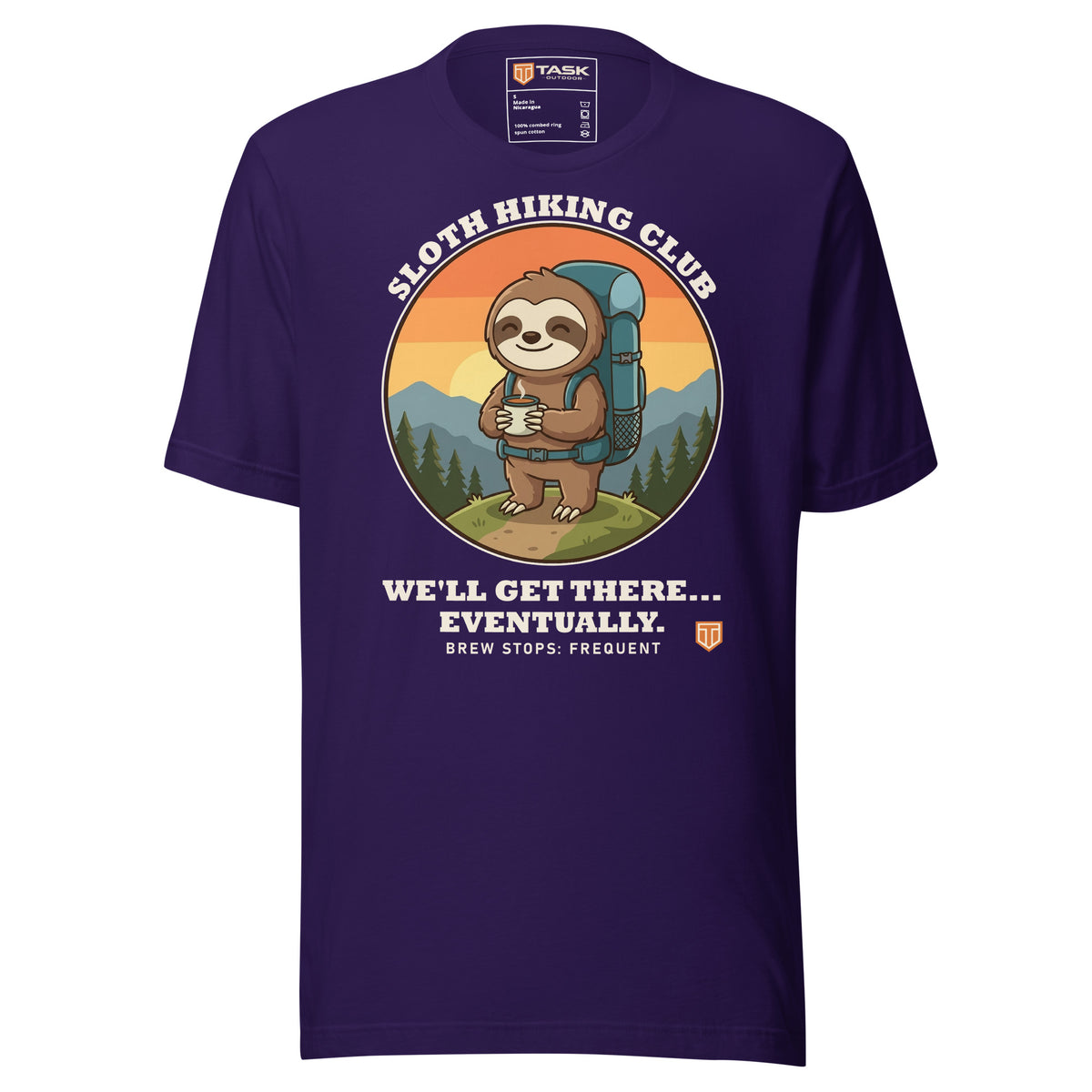 Sloth Hiking Club: Hilltop T-Shirt in Team Purple, full front view with the printed neck label
