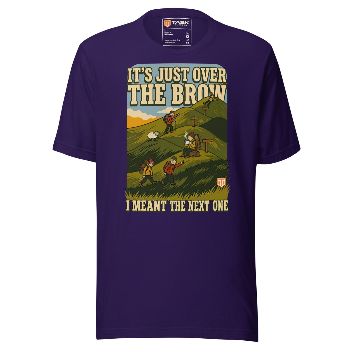 It's Just Over the Brow T-Shirt in Team Purple, full front view with the printed neck label