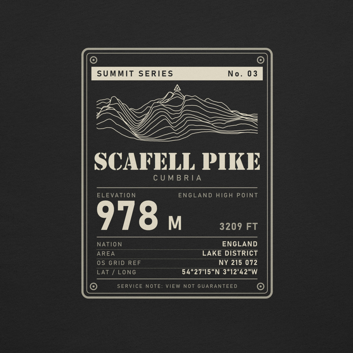 Close-up of the Scafell Pike back print: terrain drawing with trig point, 978 m, OS grid ref NY 215 072 and coordinates