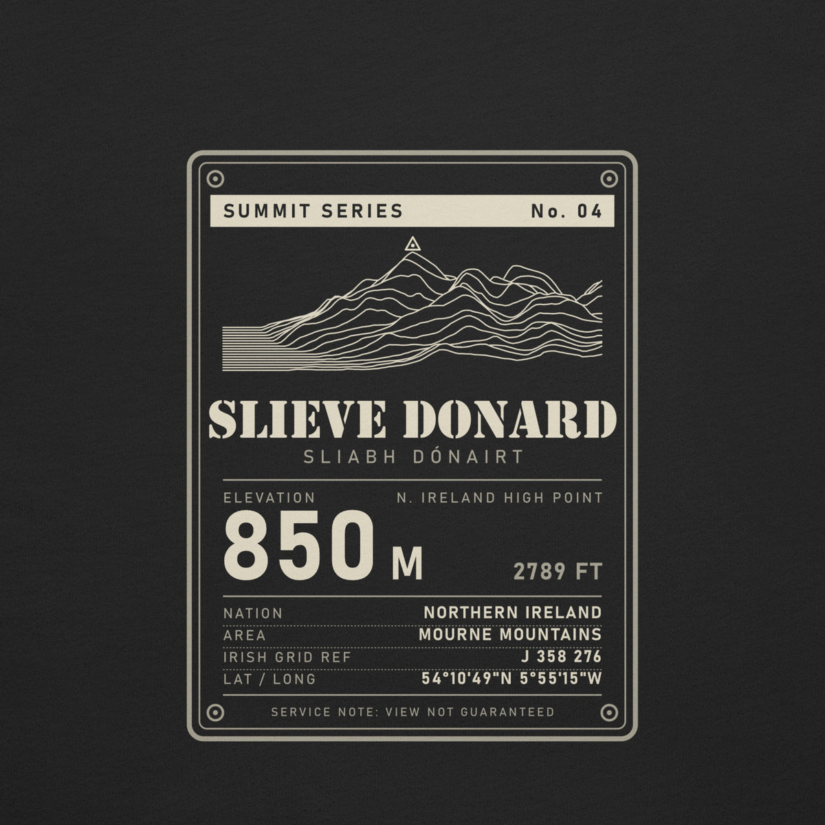 Close-up of the Slieve Donard back print: terrain drawing with trig point, 850 m, Irish grid ref J 358 276 and coordinates