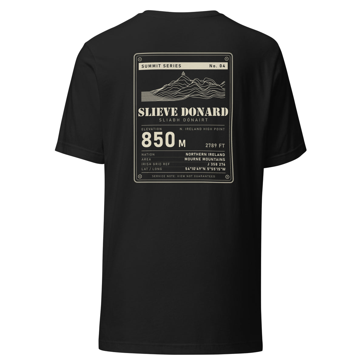 Summit Series Slieve Donard T-Shirt in Vintage Black, full back view of the Slieve Donard 850 m data-plate print