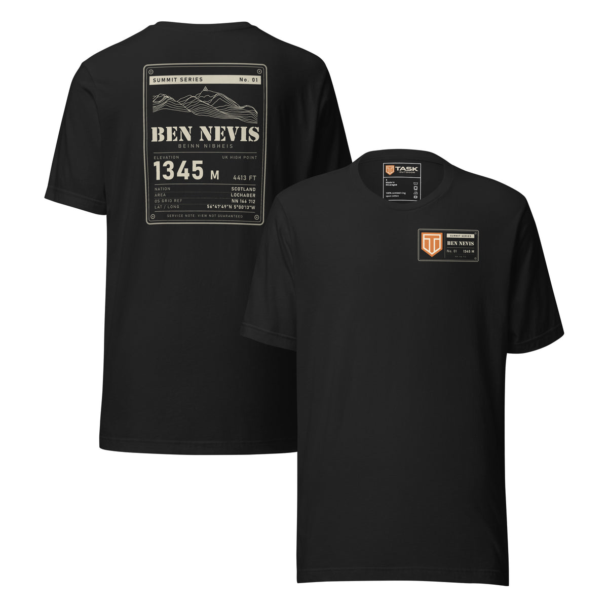 Summit Series Ben Nevis T-Shirt in Vintage Black, back and front: data-plate back print and left-chest badge