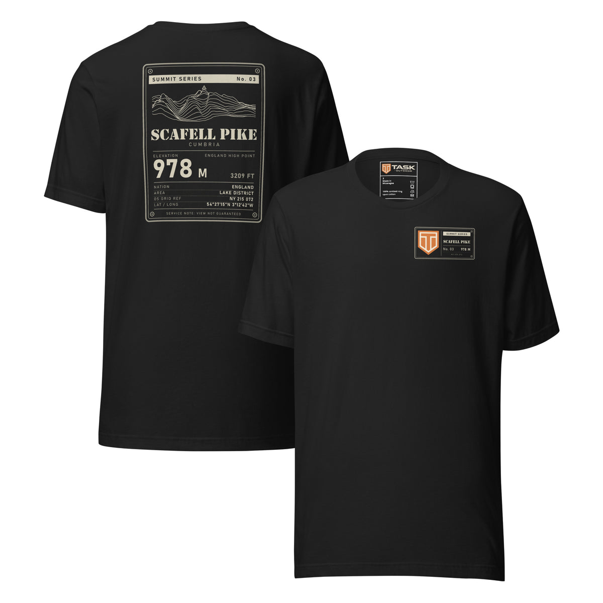 Summit Series Scafell Pike T-Shirt in Vintage Black, back and front: data-plate back print and left-chest badge