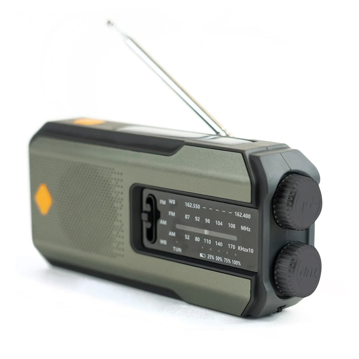 Highlander Universal Survival Emergency Hub radio from the front right on white background