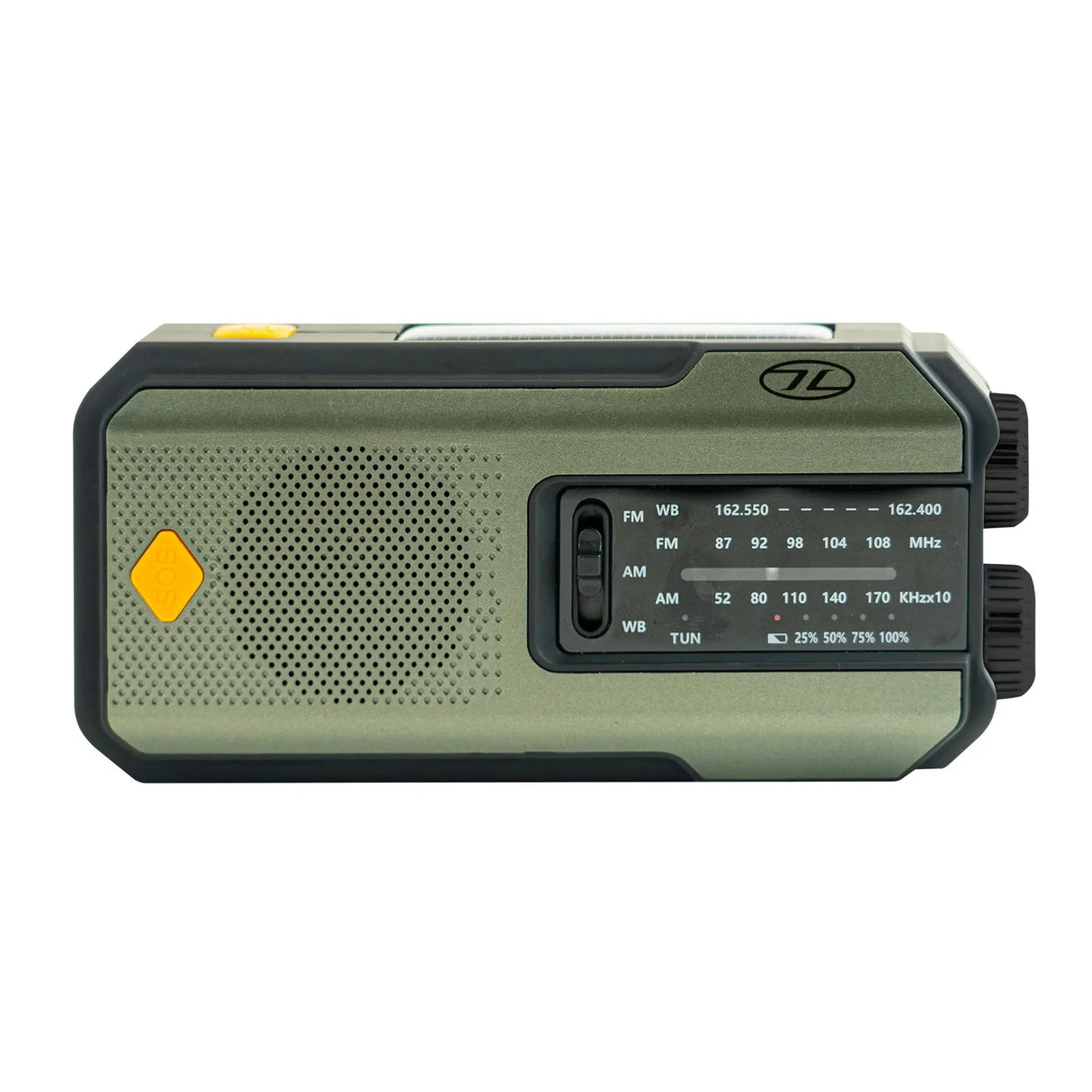 Highlander Universal Survival Emergency Hub radio from the front on white background