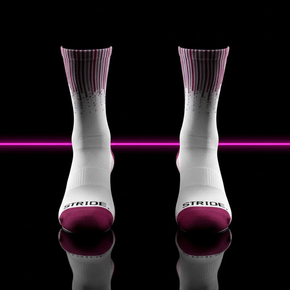 Stride North East Performance Running Socks pair in Violet Velocity from the side on black background