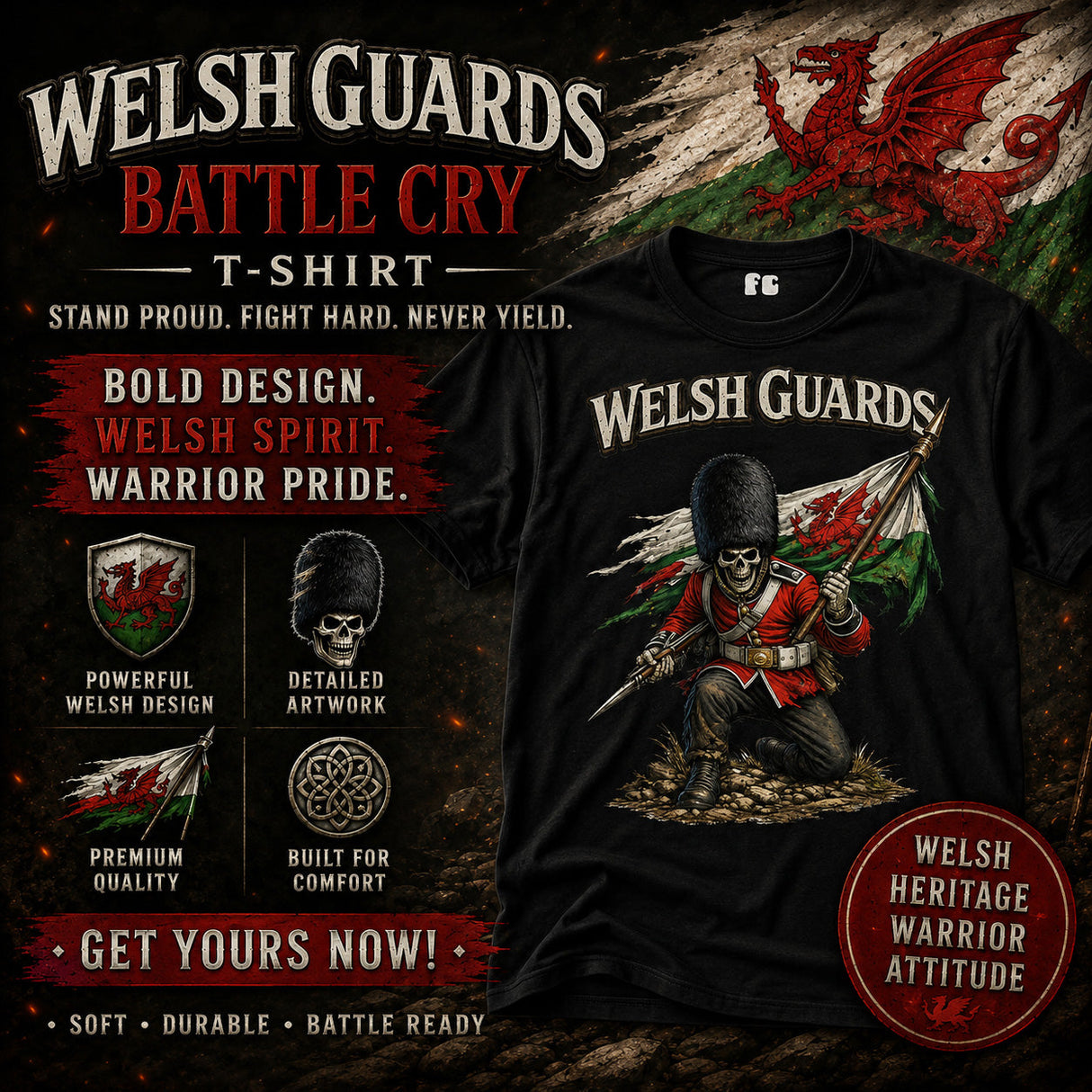 Welsh Guards Battle Cry Printed T-Shirt - Black