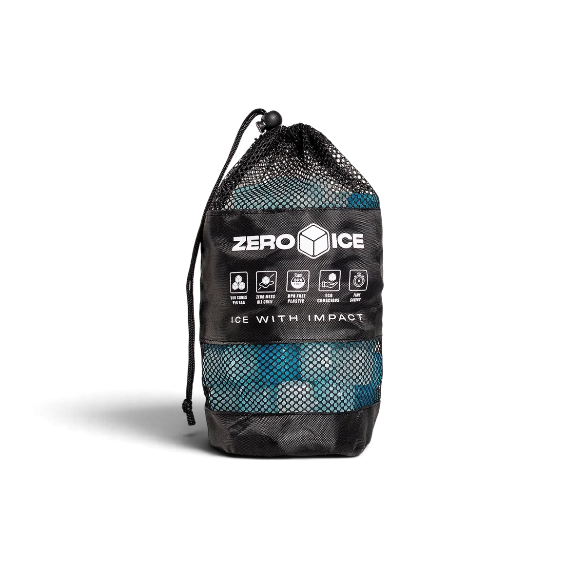 Zero Ice Reusable Cubes - Mini in their black mesh drawstring bag, label reading 100 cubes per bag