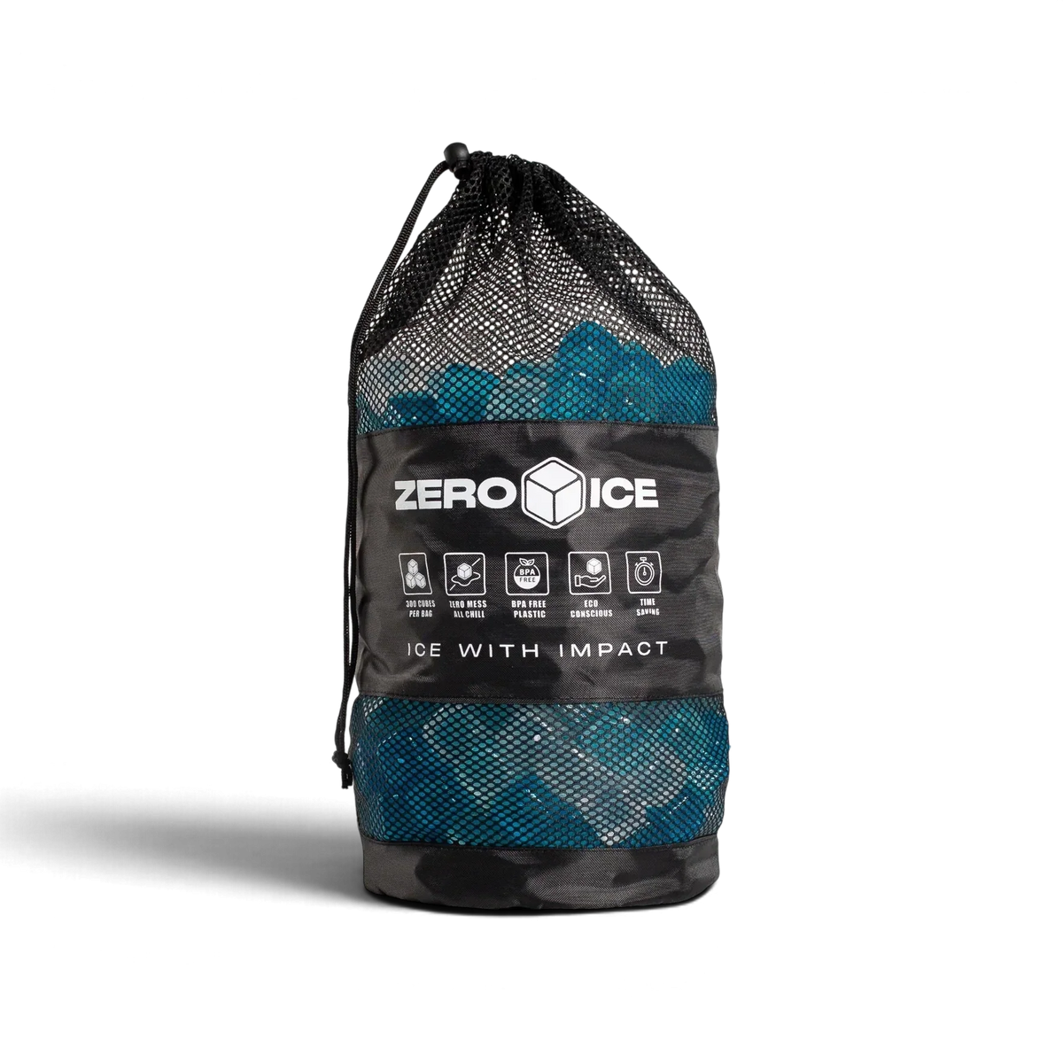 Zero Ice Reusable Cubes in their black mesh drawstring bag, blue cubes showing through the mesh