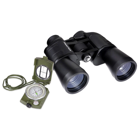 Praktica Falcon 12x50mm Multi Coated Porro Prism Field Binoculars in Black with compass from above on white background
