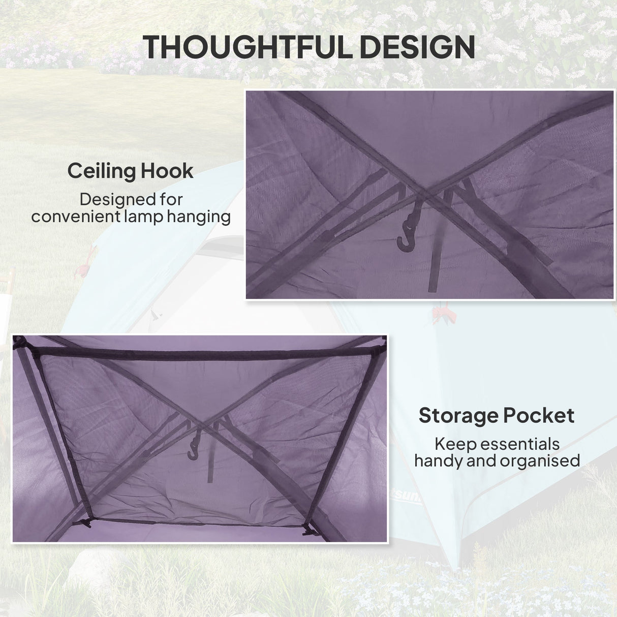 Outsunny 3-4 Person Camping Tent - Purple & Grey ceiling hook detail